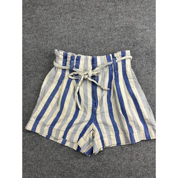 Madewell Shorts Womens 0 Blue White Striped Paperbag High Rise Linen Blend Tie - Picture 1 of 9
